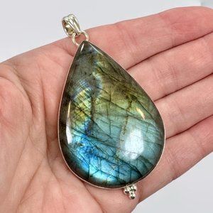 Labradorite Pendant, Sterling Silver, Large Stone, Handcrafted, 3" Long, Blue